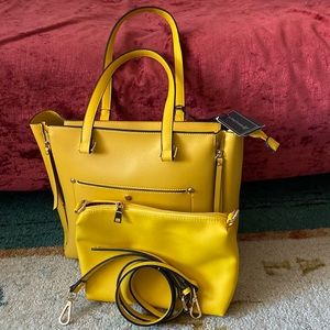 Yellow vegan leather Set of tote and mini bag